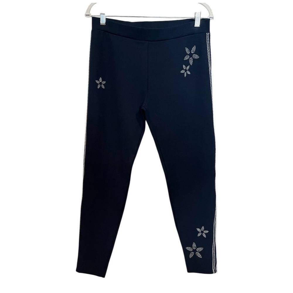 Desigual navy blue floral embroidered braided side  leggings knit pants size XL